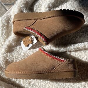 L.L. Bean Tan Suede Mule Clogs with Red & White Zigzag Trim